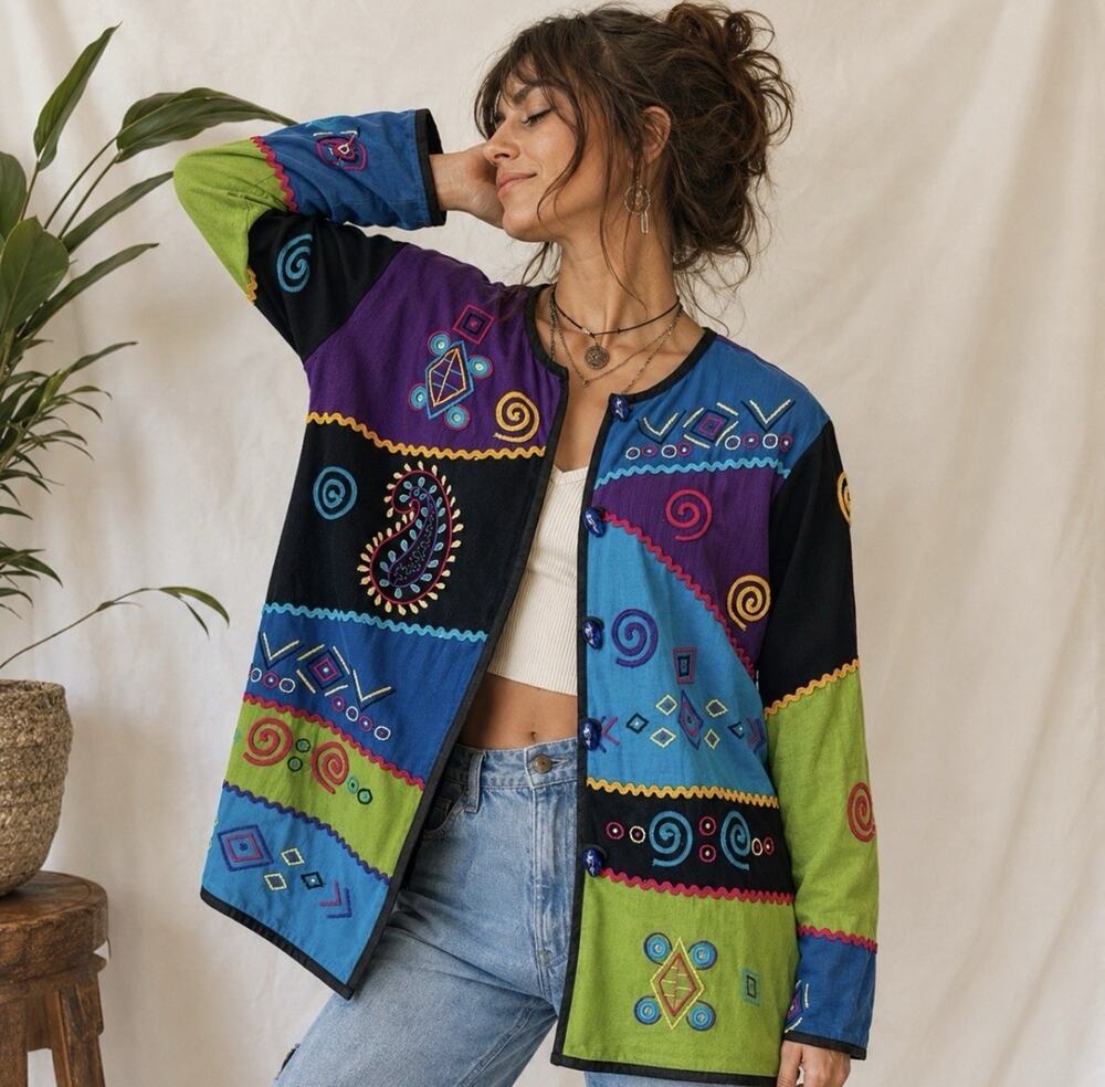 Vintage Allure Wearable Art Embroidered Jacket Colorblock Boho Lagenlook Med - Picture 1 of 11